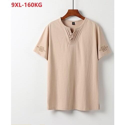 Summer Japan style Short Sleeve Tshirt Men linen cotton plus size Tang suit v-neck vintage home tees oversize tops 9XL 8XL blue