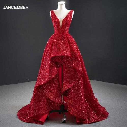J67126 JANCEMBER Evening Dresses 2021 V-Neck Sleeveless Lace Up Back Short Before Long Shining Sequins Cuort Train Sexy