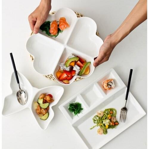 Pure white ceramic divider plate childrens divided food assortment household separation fruit dessert dried fruit plate LB42813