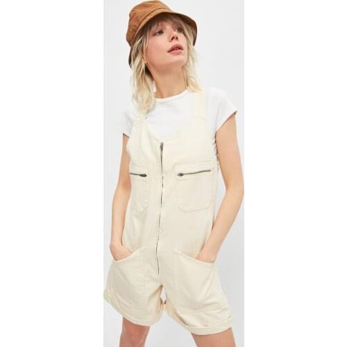 Ecru, Pocket Detail, Zipper Denim Jumpsuit, Women Natural Cotton Woven Fabric, 4 Seasons, quality Planting, Solid Fabric, Modern Design