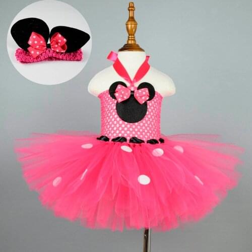 Girls Rose Red Minnie Tutu Dress Set Baby Minnie Birthday Party Princess Dress With Headband Halloween Polka Dot Costume Cosplay