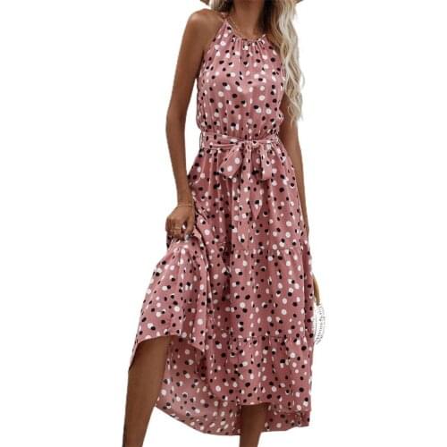 Dresses for women 2021 Dot Print Ruffle Hem Halter Sleeveless Midi Dress Streetwear for Vacation Summer clothes Pink xl