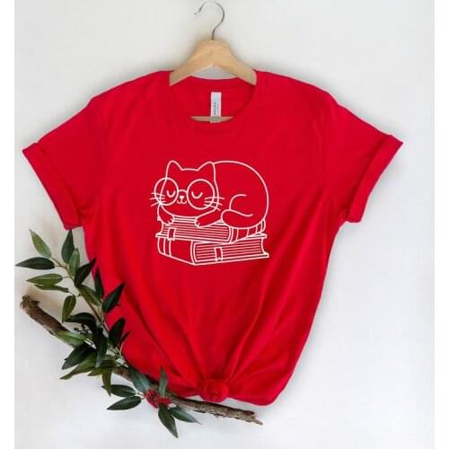 Books and Cat Cute Reading Shirt Streetwear Cotton T Shirt Short Sleeve womens clothing Aesthetic O Neck Top Tee Drop Shipping