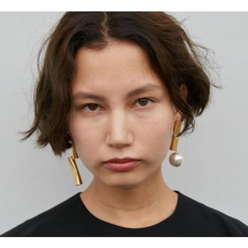 SRCOI Asymmetry Gold Color Metal Cylinder Imitation Pearls Drop Earring Punk Exaggeration Drop Earring For Women Party Jewelry