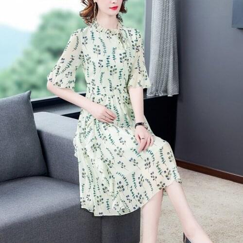 Light green printing chiffon dress dress 2020 new French splicing temperament 52218