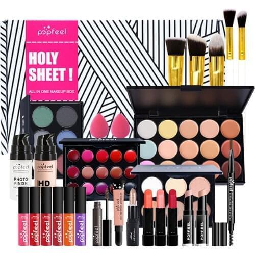 ALL IN ONE Full Makeup Kit For Beginner Girl Eyeshadow Eyebrow Concealer Highlight Lip Gloss Lipstick Makeup Brush Set With Bag