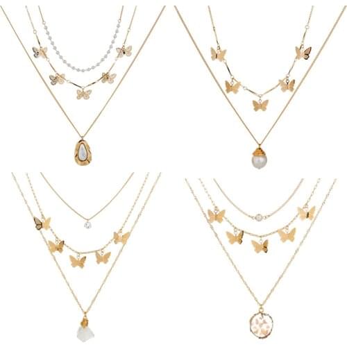 WEMARCHJULY Gold Color Women Fashion Butterfly Pendant Multi Layered Chain Necklace Statement Pendant Necklace for Women Gift