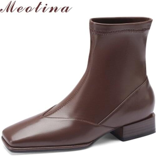 Meotina Ankle Boots Shoes Women Autumn Thick Low Heel Boots Slip On Square Toe Lady Footwear Casual Short Boots Big Size 43 New