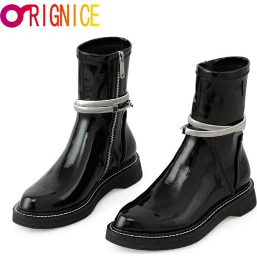 Orignice Women Chunky Heel Short Boots Spring Autumn Designer Patent Leather Fashion Metal Chain Thick Bottom Comfortable Shoes
