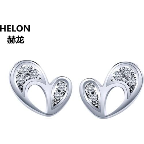Solid 14k White Gold Cold Natural Diamonds Women Stud Earrings Trendy Fine Jewelry Unique Heart