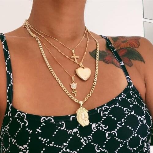 Punk Cross Heart Crystal Flower Portrait Gold Chain Pendant Multilayer Necklace Set Female Charm Fashion Jewelry Accessories