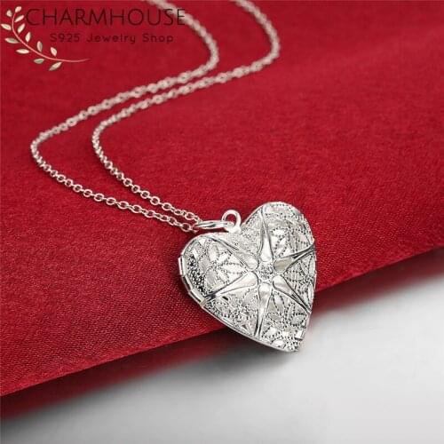 Pure 925 Silver Necklaces For Women Heart Locket Pendant & Necklace Link Chain Fashion Jewelry Accessories Bijoux Gifts