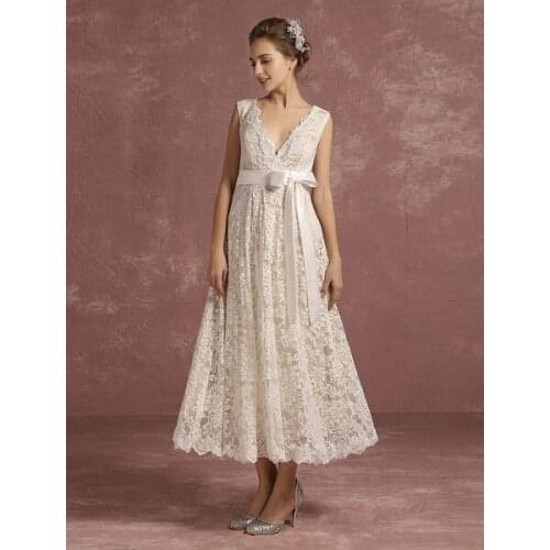 Summer Wedding Dresses 2020 Lace V Neck Sleeveless Bridal Gown Ribbon Bow Sash Back Keyhole Tea Length Bridal Dress