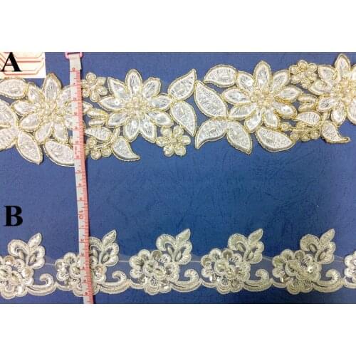 FREE SHIPPING 6.5cm/5cm organdy polyester embroidery framed beaded and sequined wedding dress lace trim,XERY-Z764/Z756