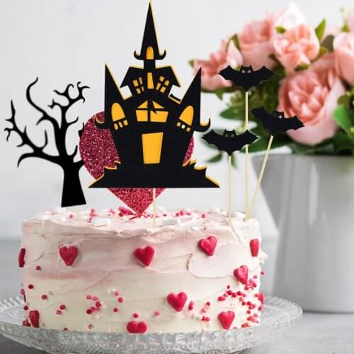 2set Happy Halloween Cake Topper Castle Ghost Witch Dessert Cupcake Topper Insert Flag Halloween Birthday Cake Baking Decoration