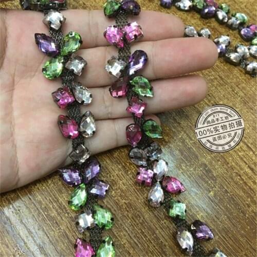 2Yards Crystal Leaves Rhinestone Chain Ribbon Trims For DIY Crafts Wedding Decoration Sewing Applique Black