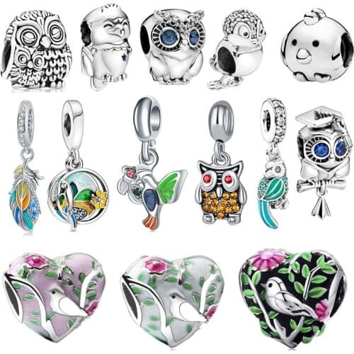 New Silver Color Bird Colorful Bird Feathers Pendant Beads Fit Original Pandora Charms Silver Color Bracelets Women Girl Jewelry