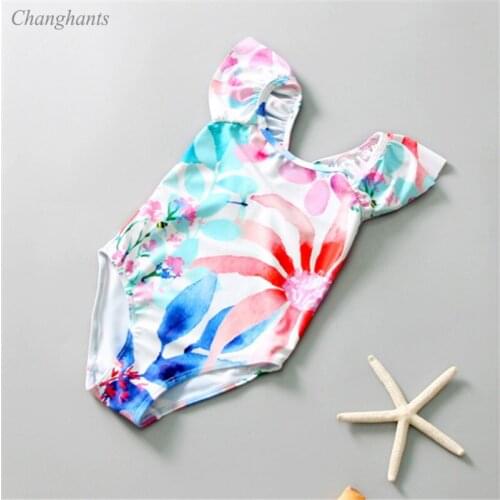 1-6 Y Baby One Piece Swimsuit Children Swimwear White with Colorful Flowers Print Kids Sandy Beach Wear Girls Swimming Pool Suit
