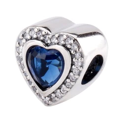 DoDoFly 925 Sterling Silver Blue crystal heart shaped glittering love Beads Fit Original Bracelet Pendant DIY Jewelry Charms