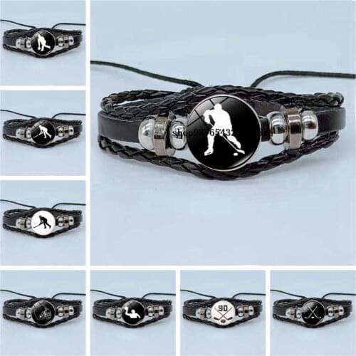 Elegant ice hockey bracelet retro style hockey player silhouette bracelet glass cabochon sports jewelry mens gift