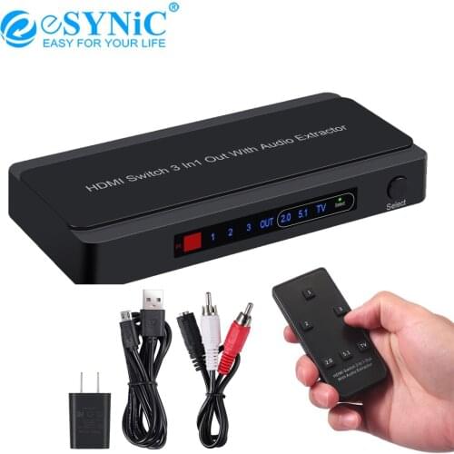 ESYNiC 4K@60Hz HDMI Switch Audio Extractor Splitter 3X1 HDMI To Optical/RCA Audio Converter With Remote For PS4 HDTV TV Box