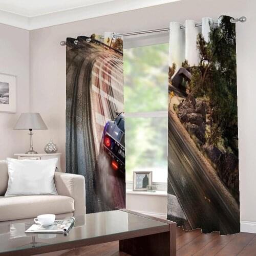 Classic Street Green landscape Sports Car Silk Fabric Print Curtains For Living room Bedroom Home Decor Art Photo Drapes Sets