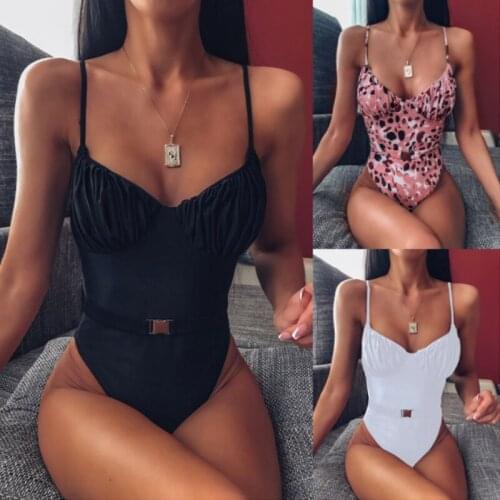 Swimsuit one piece pleated swimwear women bodysuit belt leopard bikinis 2020 mujer swimsuit vintage white bathing suit bathers