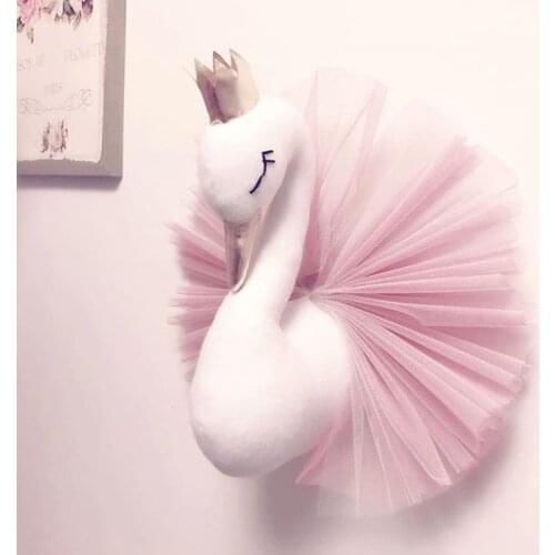 Cute 3D Golden Crown Swan Wall Art Hanging Girl Swan Doll Stuffed Toy Animal Head Wall Decor for Kids Room Birthday Wedding Gift