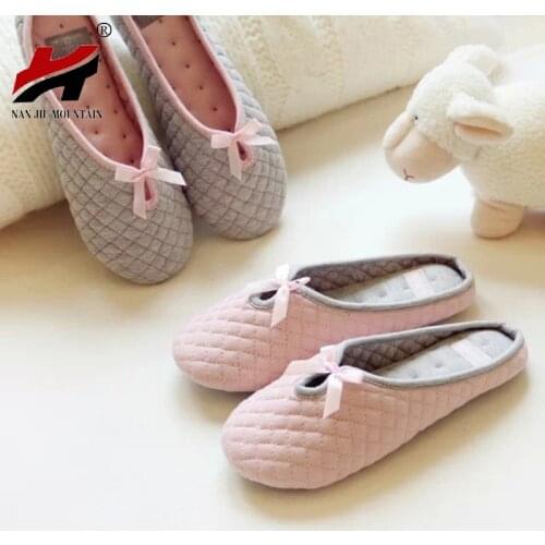 Cute Bowtie Winter Women Home Slippers For Indoor Bedroom House Soft Bottom Cotton Warm Shoes Adult Guests Flats Christmas Gift