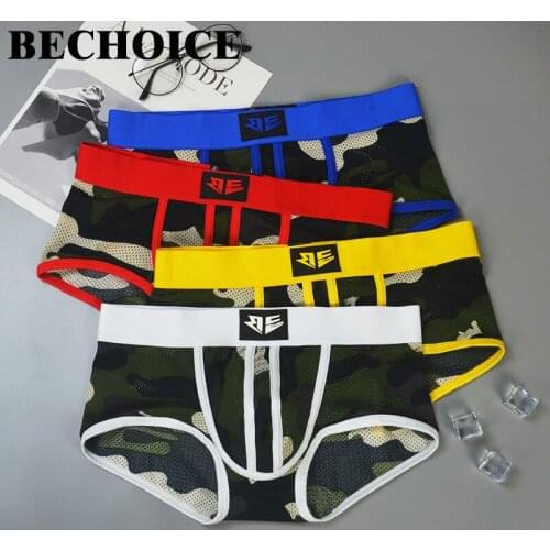 Mens flat-angle panties camouflage mesh hole sexy low-waist breathable milk silk comfortable tide flat-angle pantsT