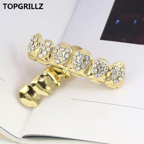 TOPGRILLZ Gold Color Plated Pink CZ Stone Hip hop Heart-Shaped Tooth Grills Top&Bottom GRILL Set With silicone teeth Party,Gift