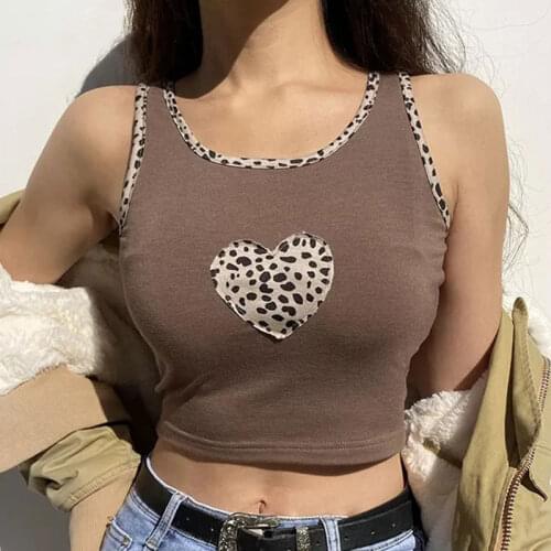 Sexy Y2k Patchwork Vintage Brown Harajuku Cute Tops Women Leopard Heart Patches Kawaii Clothes Sleeveless Tank Top Women Shirts