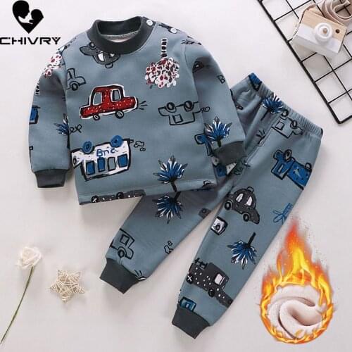 New 2020 Kids Boys Thicken Pajama Sets Cartoon O-Neck T-Shirt Tops with Pants Baby Girls Autumn Winter Warm Sleeping Clothes