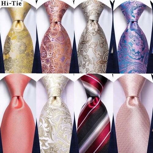 Hi-Tie Yellow Pink Paisley Design Silk Wedding Tie For Men Quality Hanky Cufflink Fashion Nicktie Business Party Dropshiping