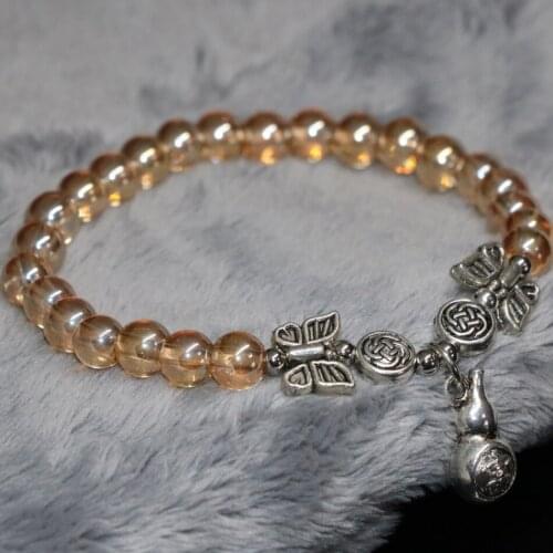 Romantic Elegant Electroplate Champagne Crystal Elastic Bracelet 6mm Round Beads Gourd Pendant New Arrival Jewelry 7.5inch B2137