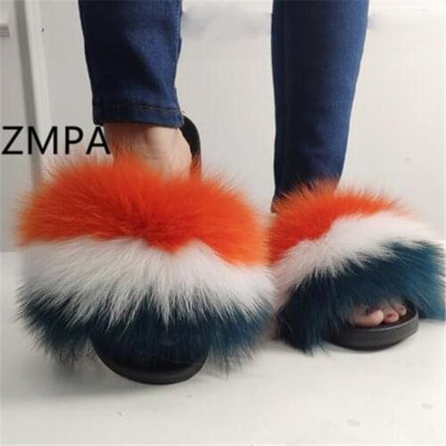 Childrens/Kids Summer Real Fox Fur Slides Womens Fluffy Fur Slippers Ladies Cute Plush Home Shoes Furry Sandals Fur Flip Flops