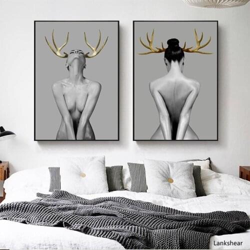 Modern Simple Fashion Sexy Golden Deer Canvas Painting Art Printing Poster Pictures Wall Bedroom Living Room Home Decoration