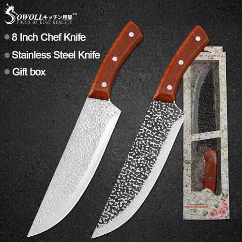 Sowoll 8'' Forged Chef Kitchen Knife Wood Handle Survival Outside Butcher Knife Camping Hunting High Carbon Stainless Steel