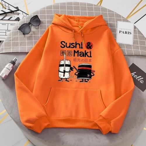 Ninja Sushi Japan Ukiyo E Style Print Hoodie Women Loose Oversize Autumn Clothing Pocket Fleece Hooded Fashion Soft Sweatshirt