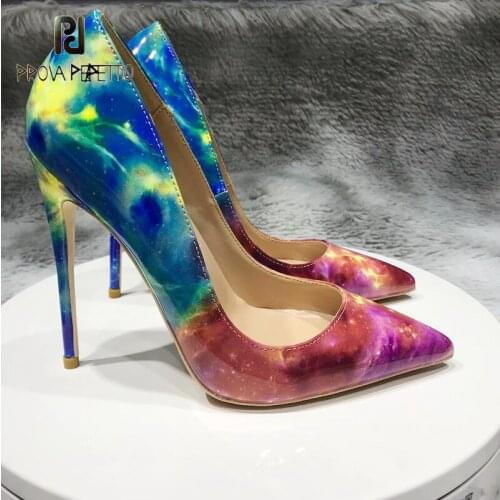 Fashion all-match shallow mouth gradient high heels spring summer new starry sky graffiti printing personality super high heels
