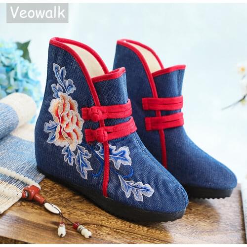 Veowalk Winter Women Denim Cotton Embroidered Short Ankle Boots Fleece Inside Hidden Wedge Heel Canvas Booties Ladies Warm Shoes