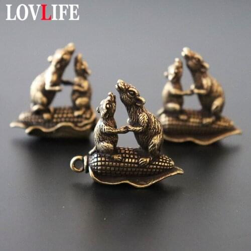 Vintage Copper Mouse Corn Key Chain Ring Pendant Jewelry Brass Father and Children Rats Keychain Hanging Decor Feng Shui Keyring