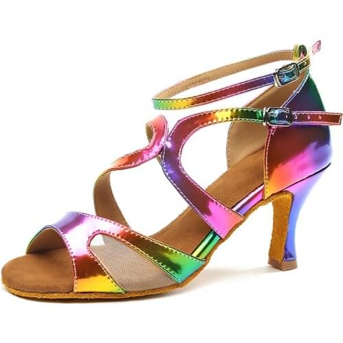 2020 New Latin Dance Shoes 5/7/9cm Heel Ballroom Dancing Shoes Rainbow Color Tange Shoes Dance Sneaker PU Latin Shoes for women