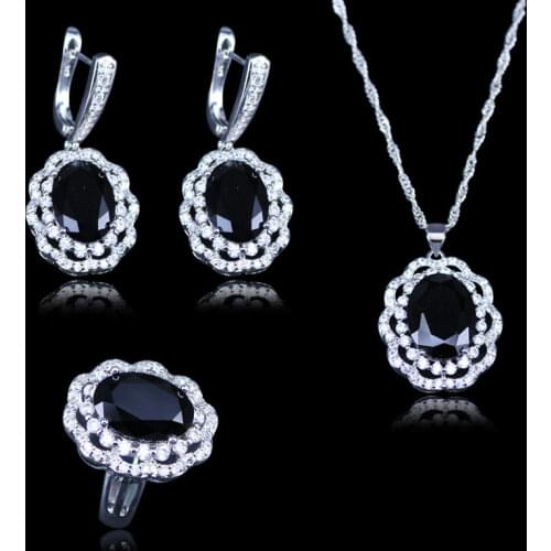 Party Queen Big Oval Black Created Garnet White Zircon Silver Color Jewelry Sets For Women Pendant earrings rings