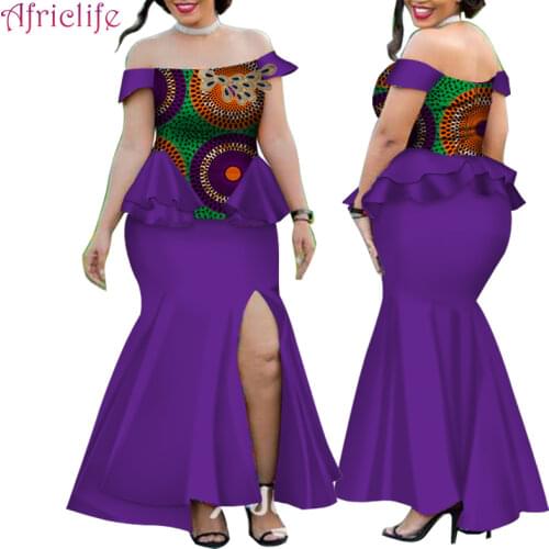 2 Pieces Skirt Sets Bazin Riche African Print Patchwork Top and Mermaid Skirts for Women African Clothing WY359
