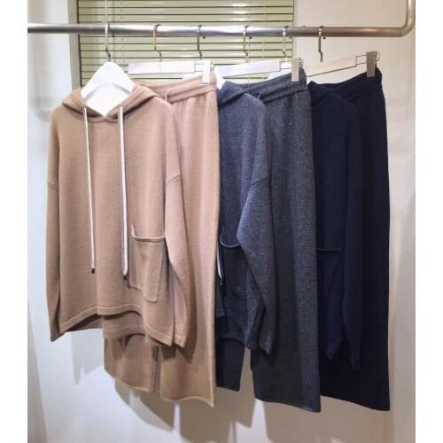 2020 Autumn Runway Set Knitted Long Sleeve Pullovers Hooded Sweater + Casual Waist Elastic Tops and Pants Cashmere Suits