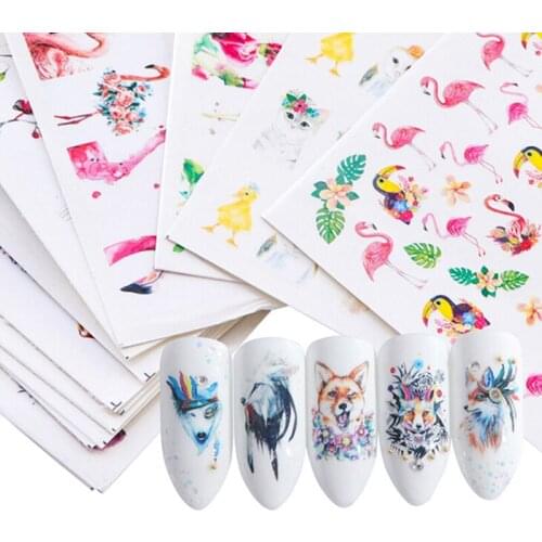 15 PCS Cute Animals Rabbit Owl Wraps Flora Watermark Adhesive Decoration Manicure Water Decals Flamingo Nail Stickers