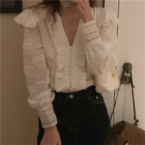 Plus Size Embroidery Lace Patchwork Shirts New Elegant Office Wear Chic V-Neck 2021 Autumn Stylish Casual Blouses