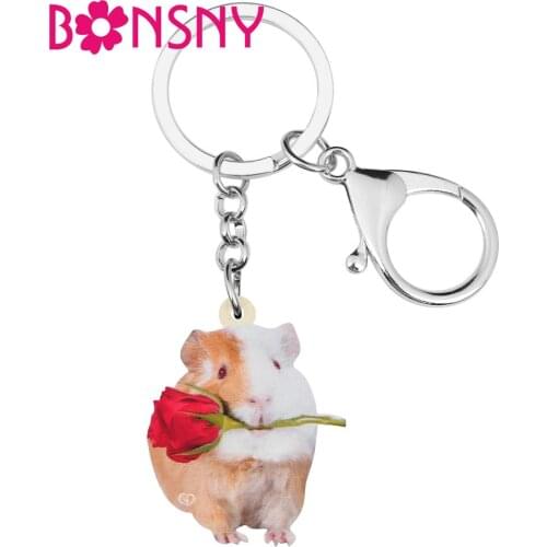 Bonsny Acrylic Valentines Day Rose Guinea Pig Key Chain Ring Bag Car Wallet Decoration Animal Keychain For Women Girl Teen Gift