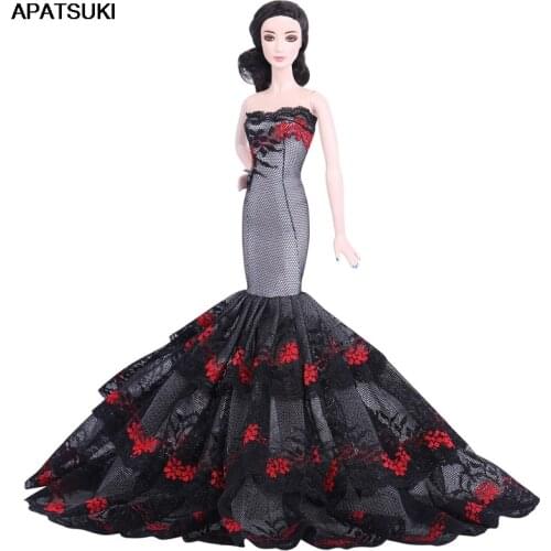 Black Red Floral Off-Shoulder Lace Mermaid Dress for Barbie Doll Outfits Party Gown for Barbie Kids DIY Dollhouse Toy Gifts 1/6